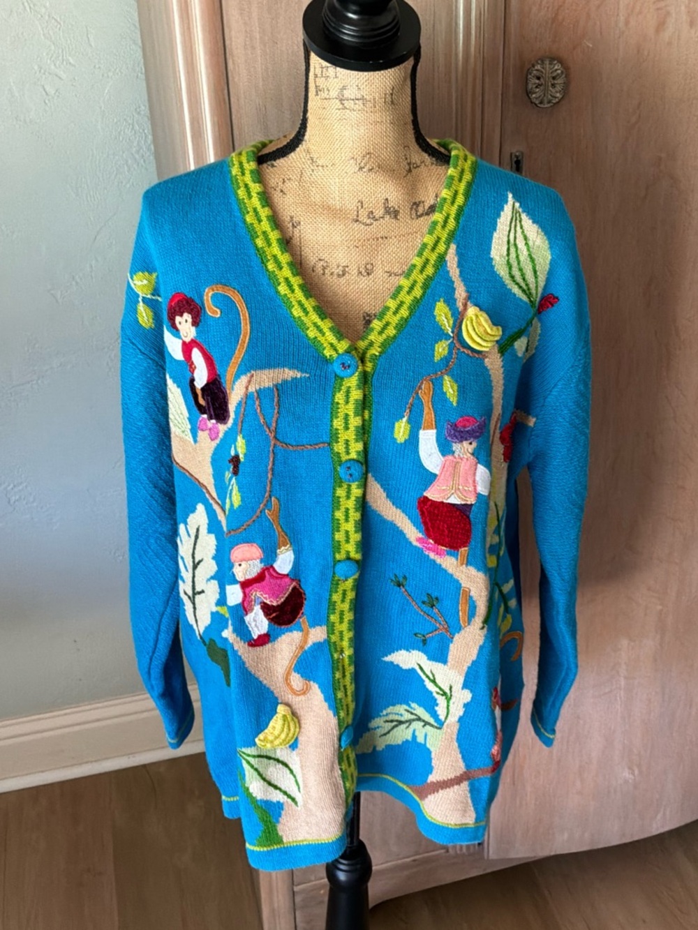 Vintage 1990s Storybook Knits monkey garden handknit Cardigan, Size 1X